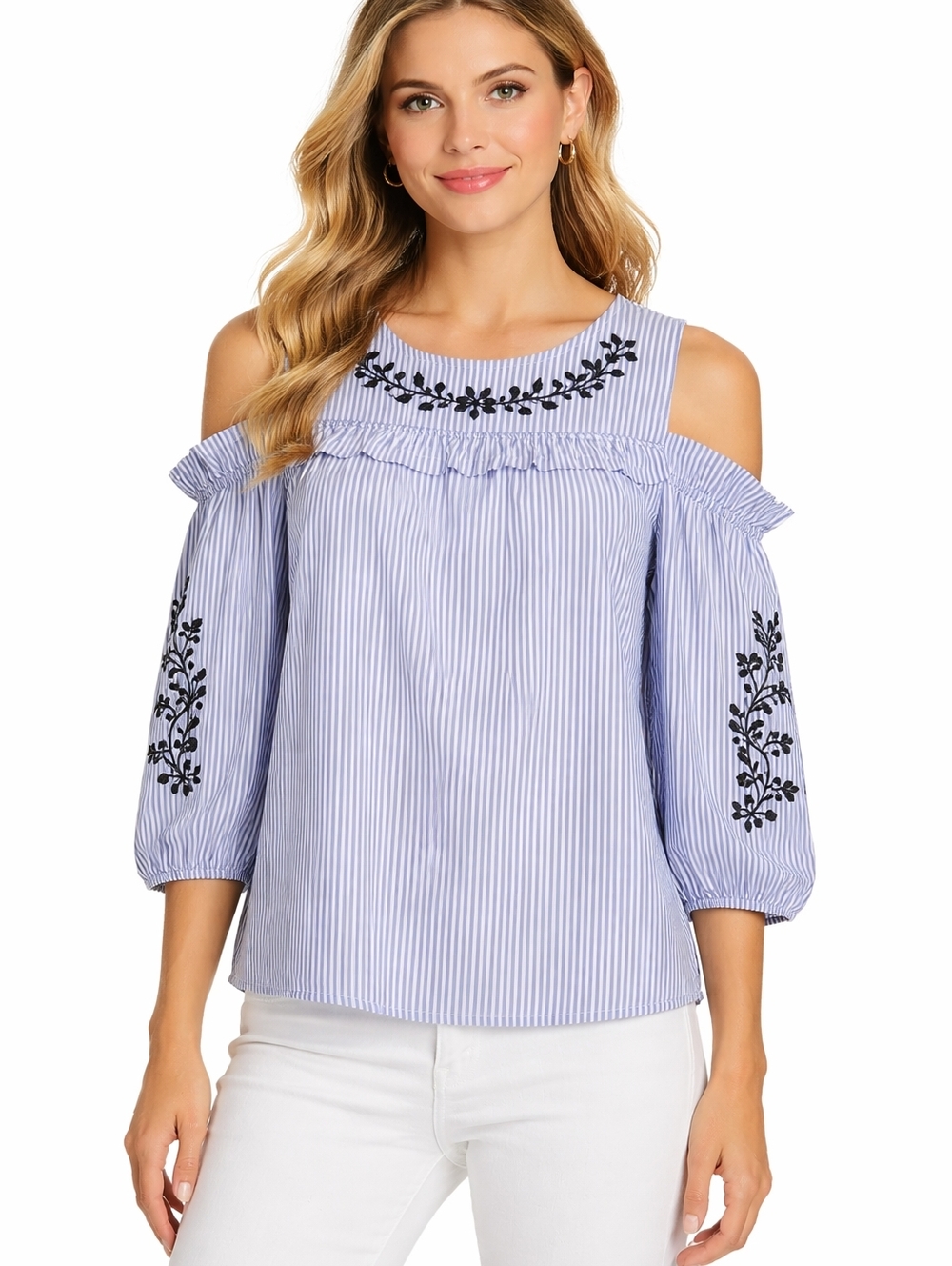 Neiman Marcus Women's Blue White Striped Cold Shoulders Blouse M
